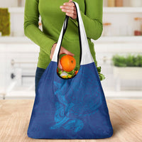 Hawaiian Monk Seal and Whale Grocery Bag Kakau Tribal Pattern Blue Color