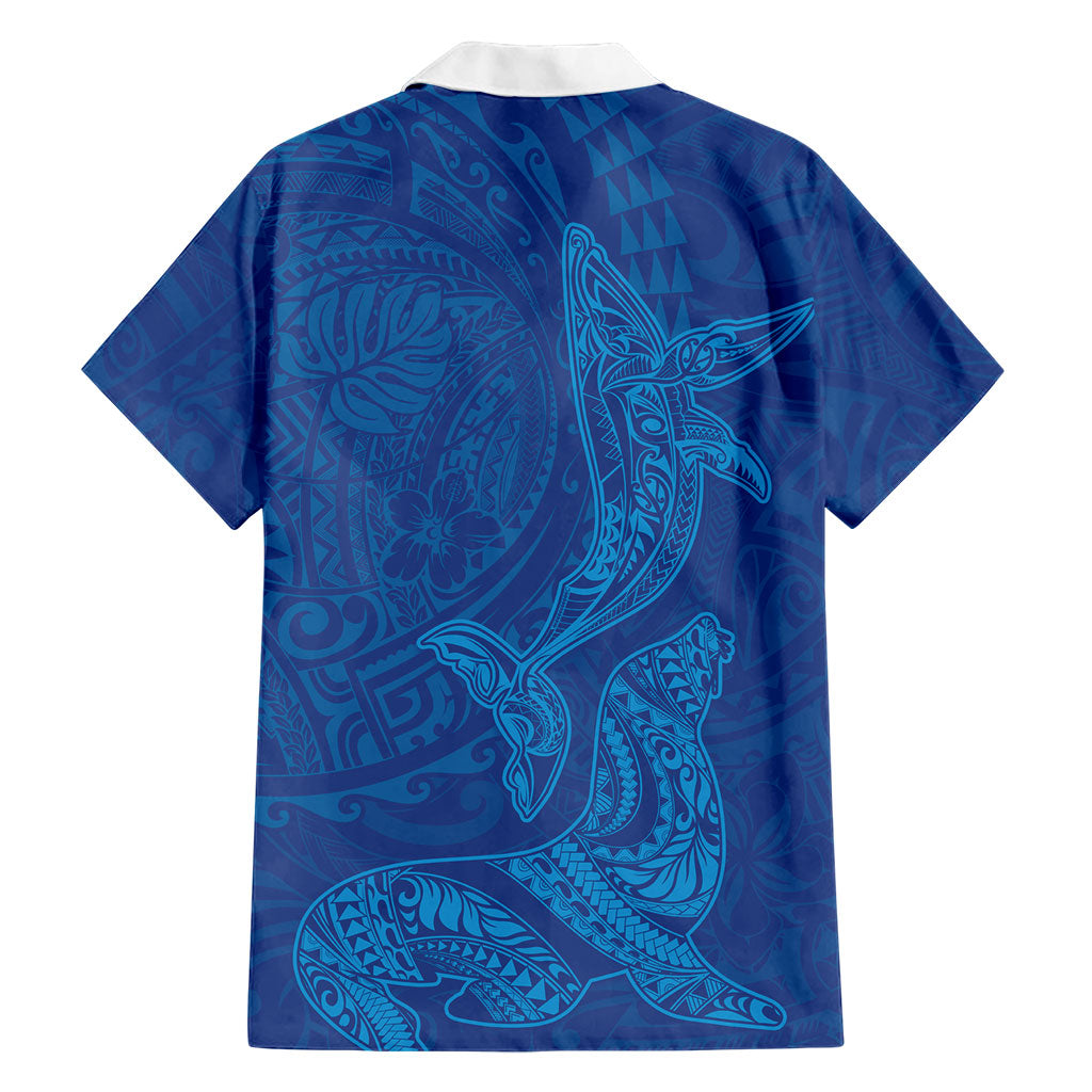 Hawaiian Monk Seal and Whale Hawaiian Shirt Kakau Tribal Pattern Blue Color