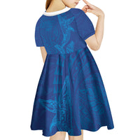 Hawaiian Monk Seal and Whale Kid Short Sleeve Dress Kakau Tribal Pattern Blue Color