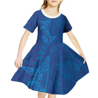Hawaiian Monk Seal and Whale Kid Short Sleeve Dress Kakau Tribal Pattern Blue Color