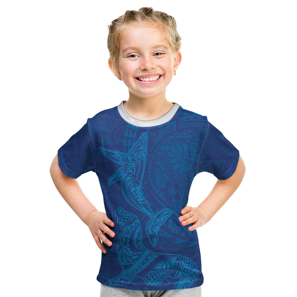 Hawaiian Monk Seal and Whale Kid T Shirt Kakau Tribal Pattern Blue Color