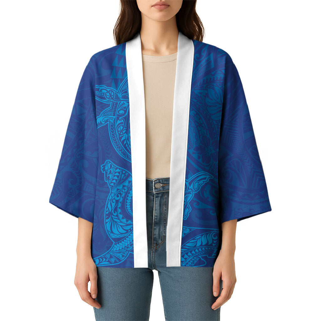 Hawaiian Monk Seal and Whale Kimono Kakau Tribal Pattern Blue Color