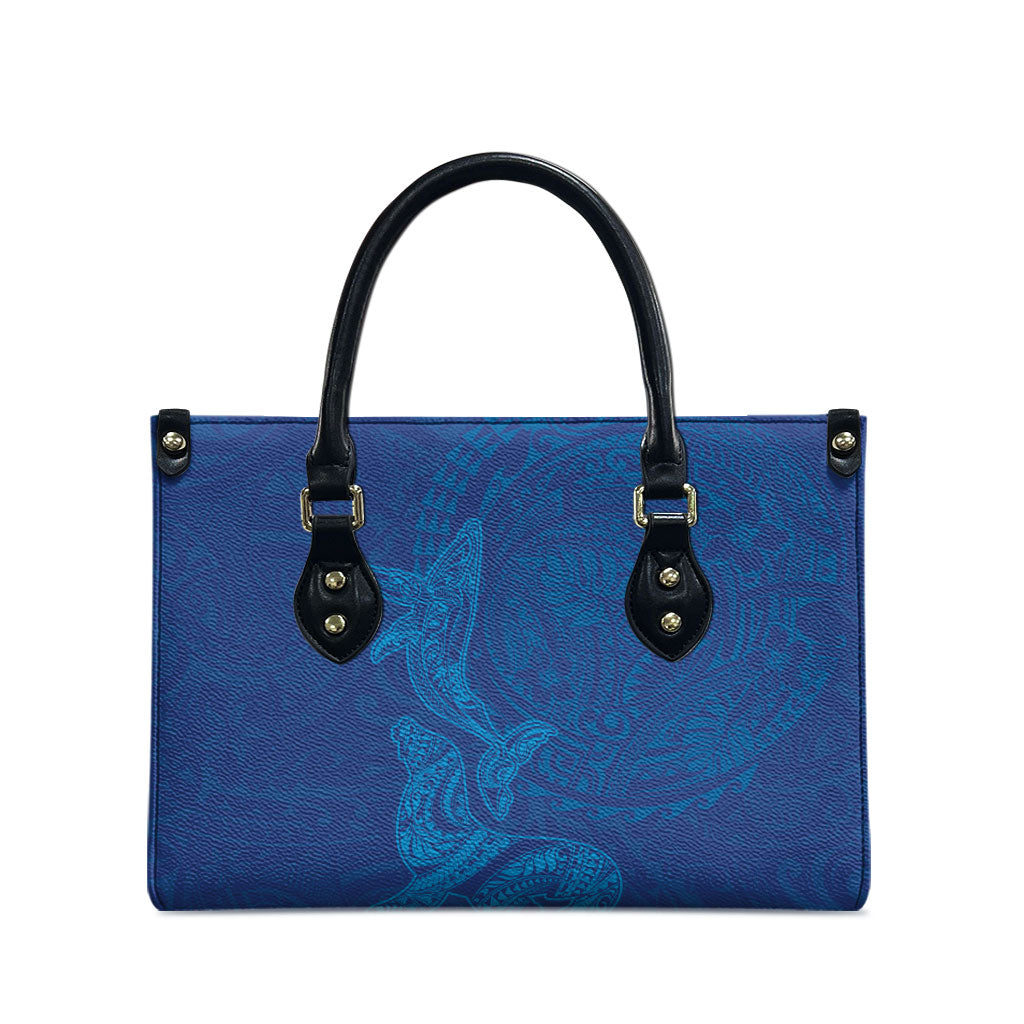 Hawaiian Monk Seal and Whale Leather Bag Kakau Tribal Pattern Blue Color
