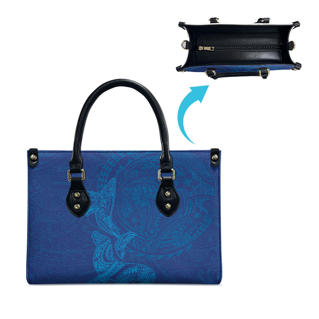 Hawaiian Monk Seal and Whale Leather Bag Kakau Tribal Pattern Blue Color