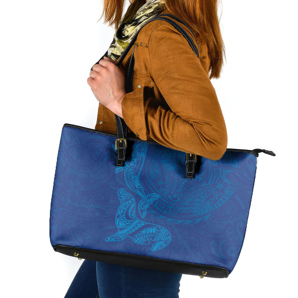 Hawaiian Monk Seal and Whale Leather Tote Bag Kakau Tribal Pattern Blue Color