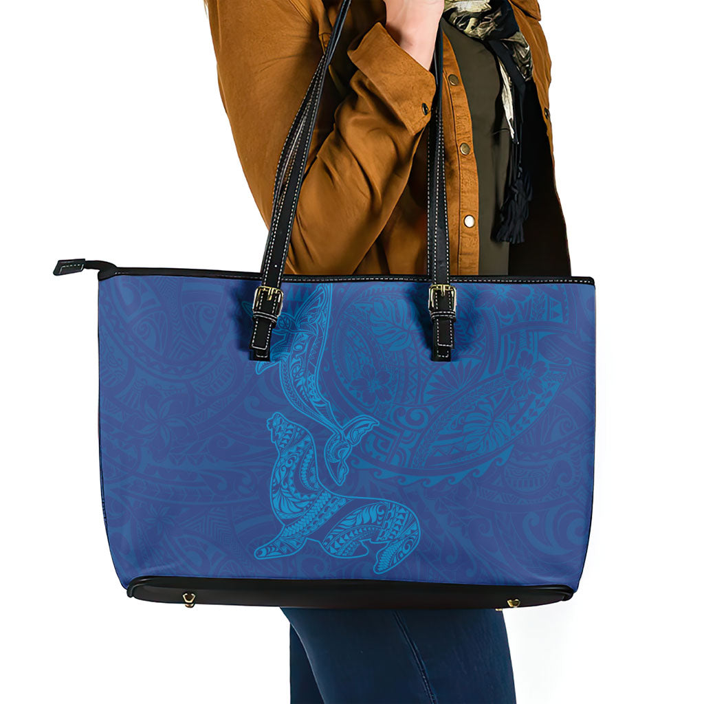 Hawaiian Monk Seal and Whale Leather Tote Bag Kakau Tribal Pattern Blue Color