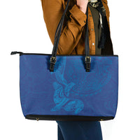 Hawaiian Monk Seal and Whale Leather Tote Bag Kakau Tribal Pattern Blue Color