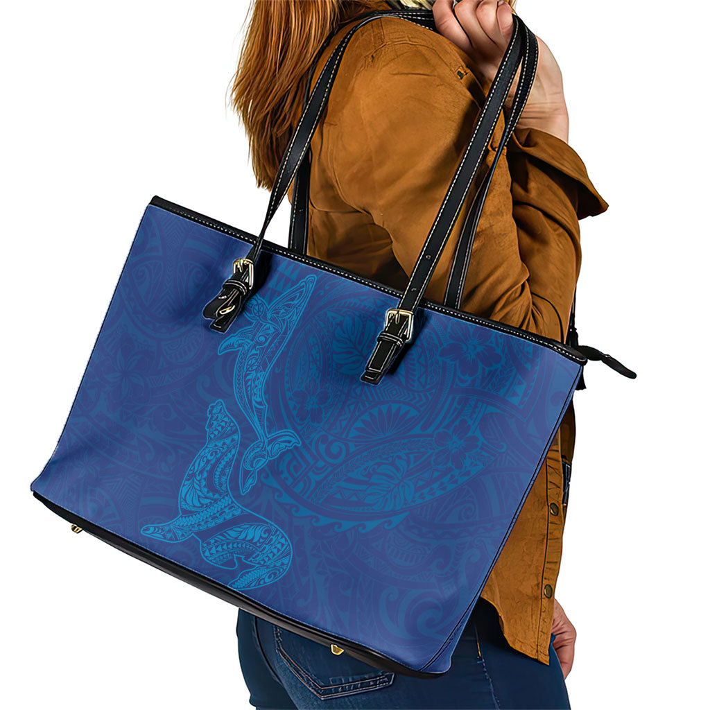 Hawaiian Monk Seal and Whale Leather Tote Bag Kakau Tribal Pattern Blue Color