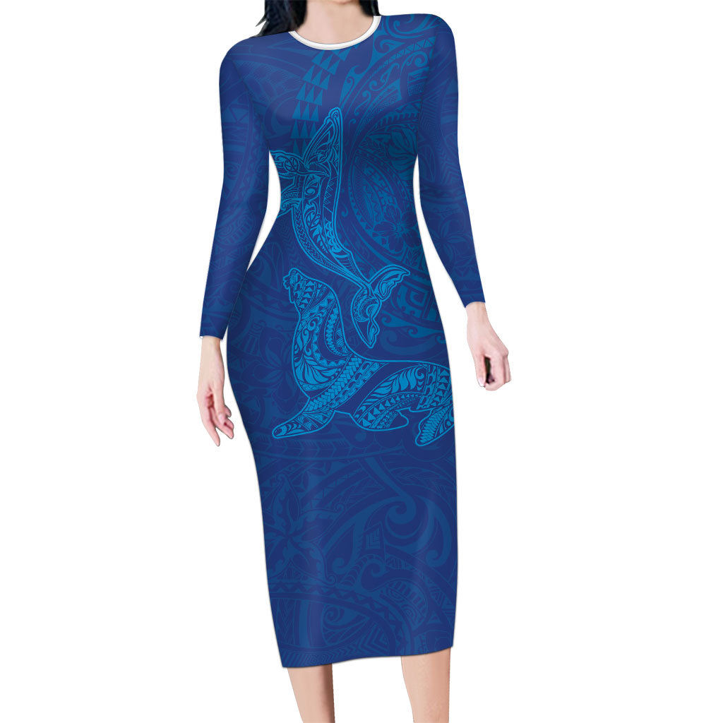 Hawaiian Monk Seal and Whale Long Sleeve Bodycon Dress Kakau Tribal Pattern Blue Color