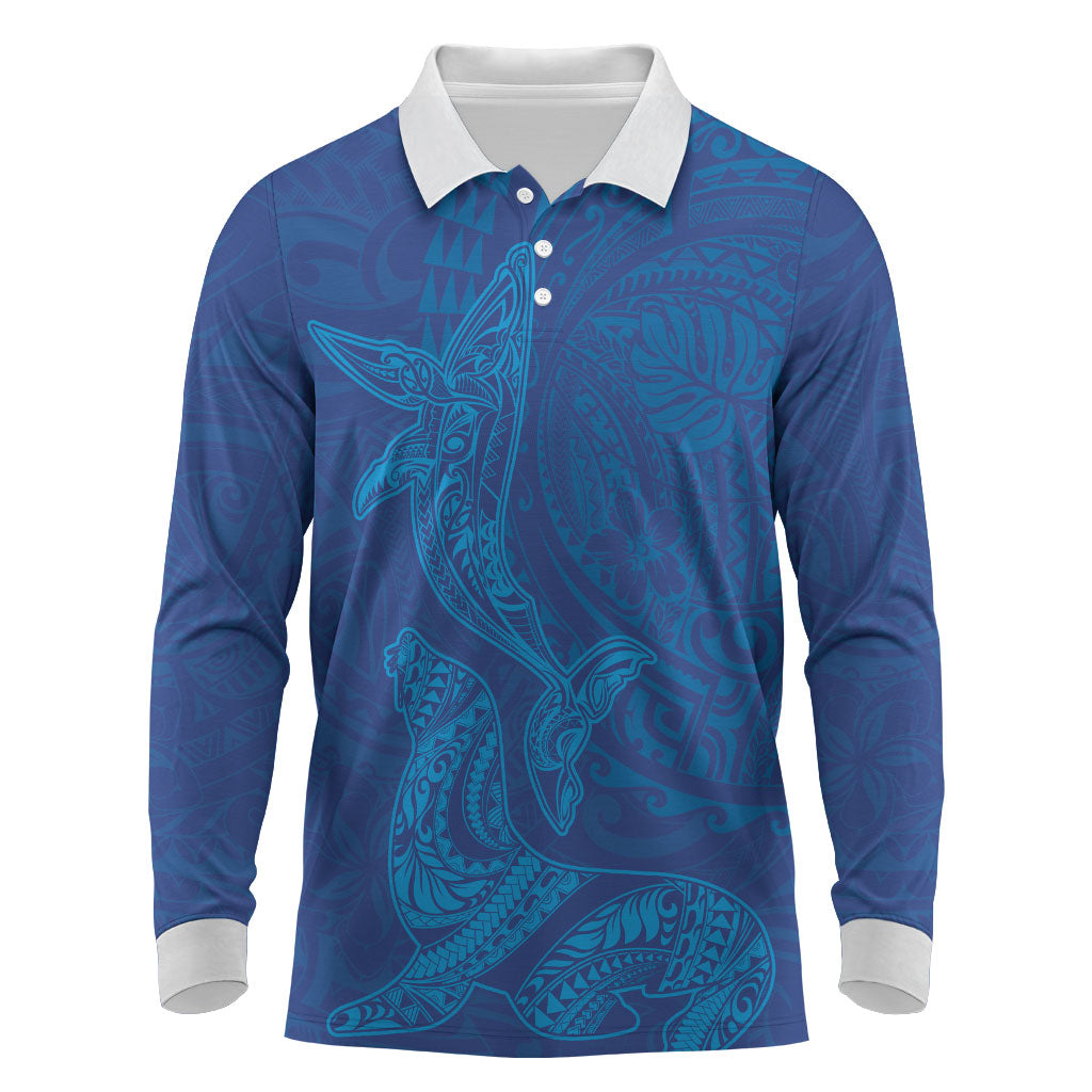 Hawaiian Monk Seal and Whale Long Sleeve Polo Shirt Kakau Tribal Pattern Blue Color
