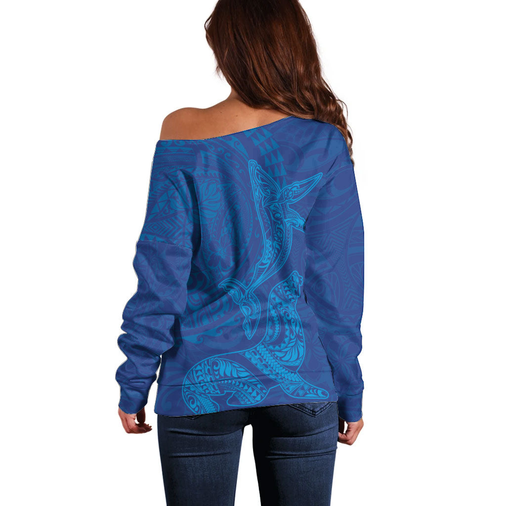 Hawaiian Monk Seal and Whale Off Shoulder Sweater Kakau Tribal Pattern Blue Color