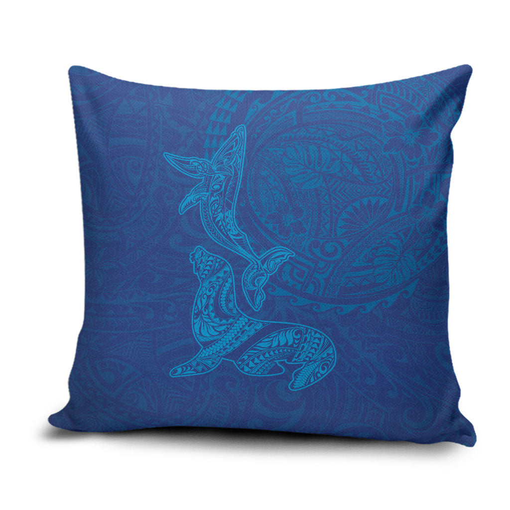Hawaiian Monk Seal and Whale Pillow Cover Kakau Tribal Pattern Blue Color