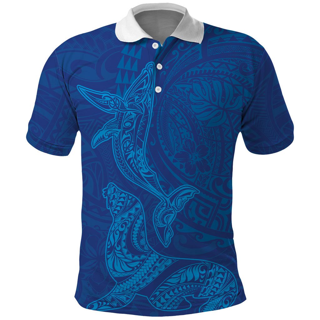Hawaiian Monk Seal and Whale Polo Shirt Kakau Tribal Pattern Blue Color LT03 Blue - Polynesian Pride