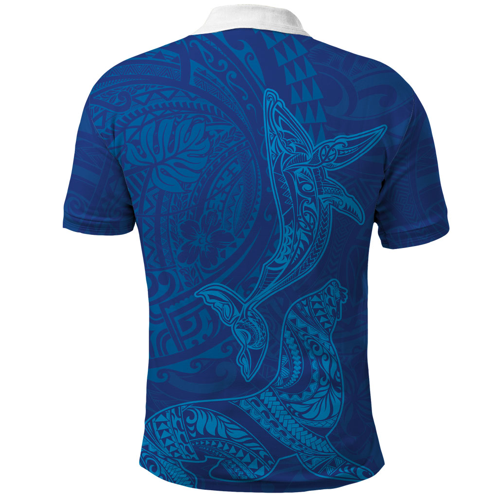Hawaiian Monk Seal and Whale Polo Shirt Kakau Tribal Pattern Blue Color LT03 - Polynesian Pride