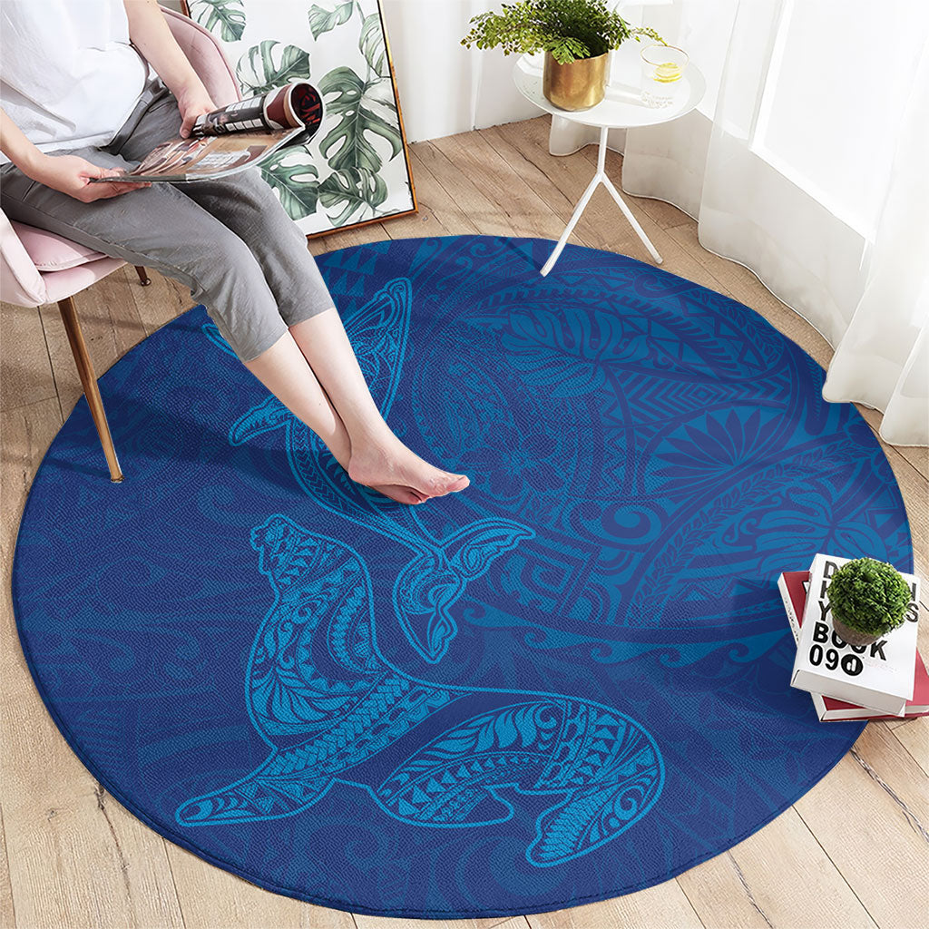 Hawaiian Monk Seal and Whale Round Carpet Kakau Tribal Pattern Blue Color