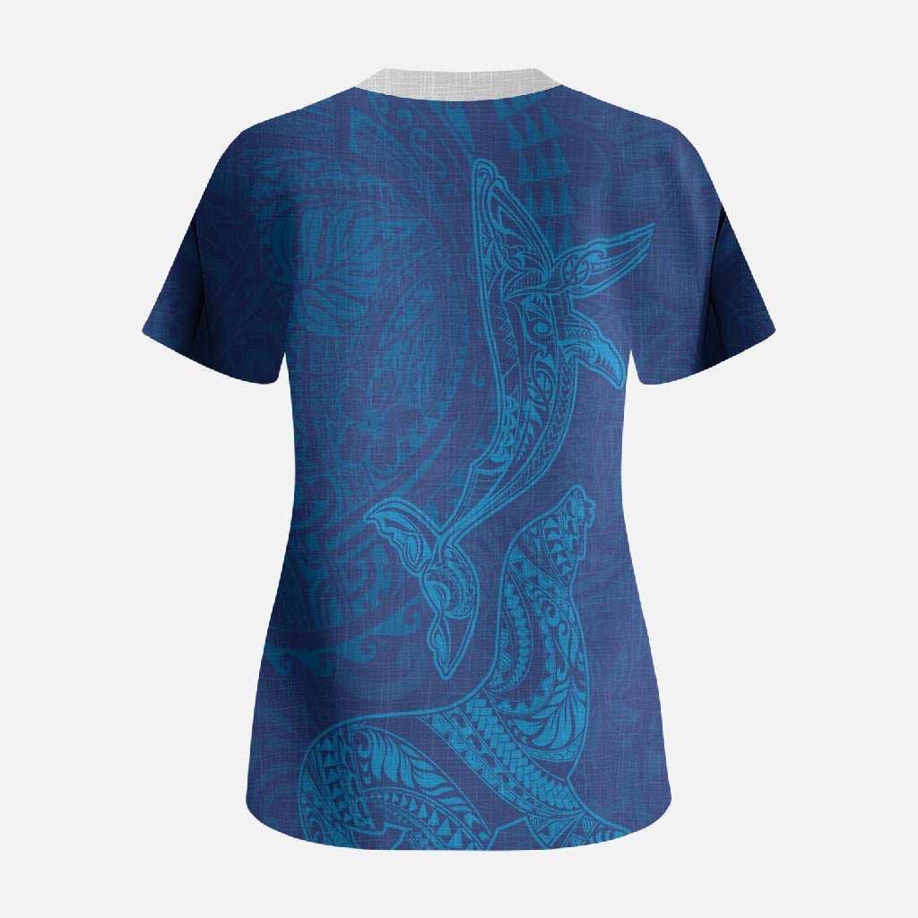 Hawaiian Monk Seal and Whale Scrub Top Kakau Tribal Pattern Blue Color
