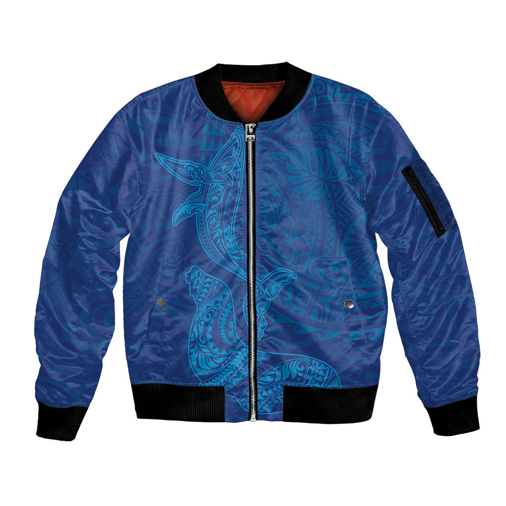 Hawaiian Monk Seal and Whale Sleeve Zip Bomber Jacket Kakau Tribal Pattern Blue Color