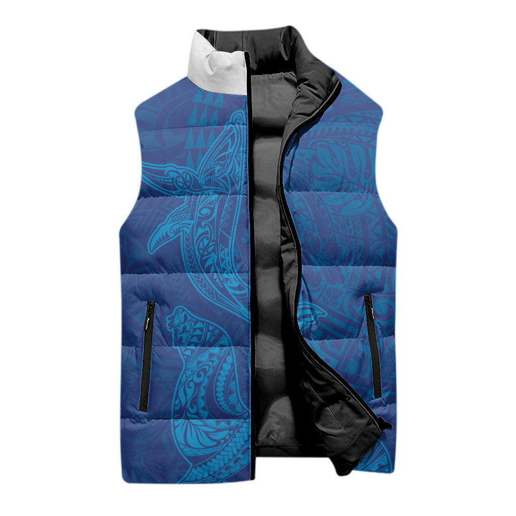 Hawaiian Monk Seal and Whale Sleeveless Puffer Jacket Kakau Tribal Pattern Blue Color