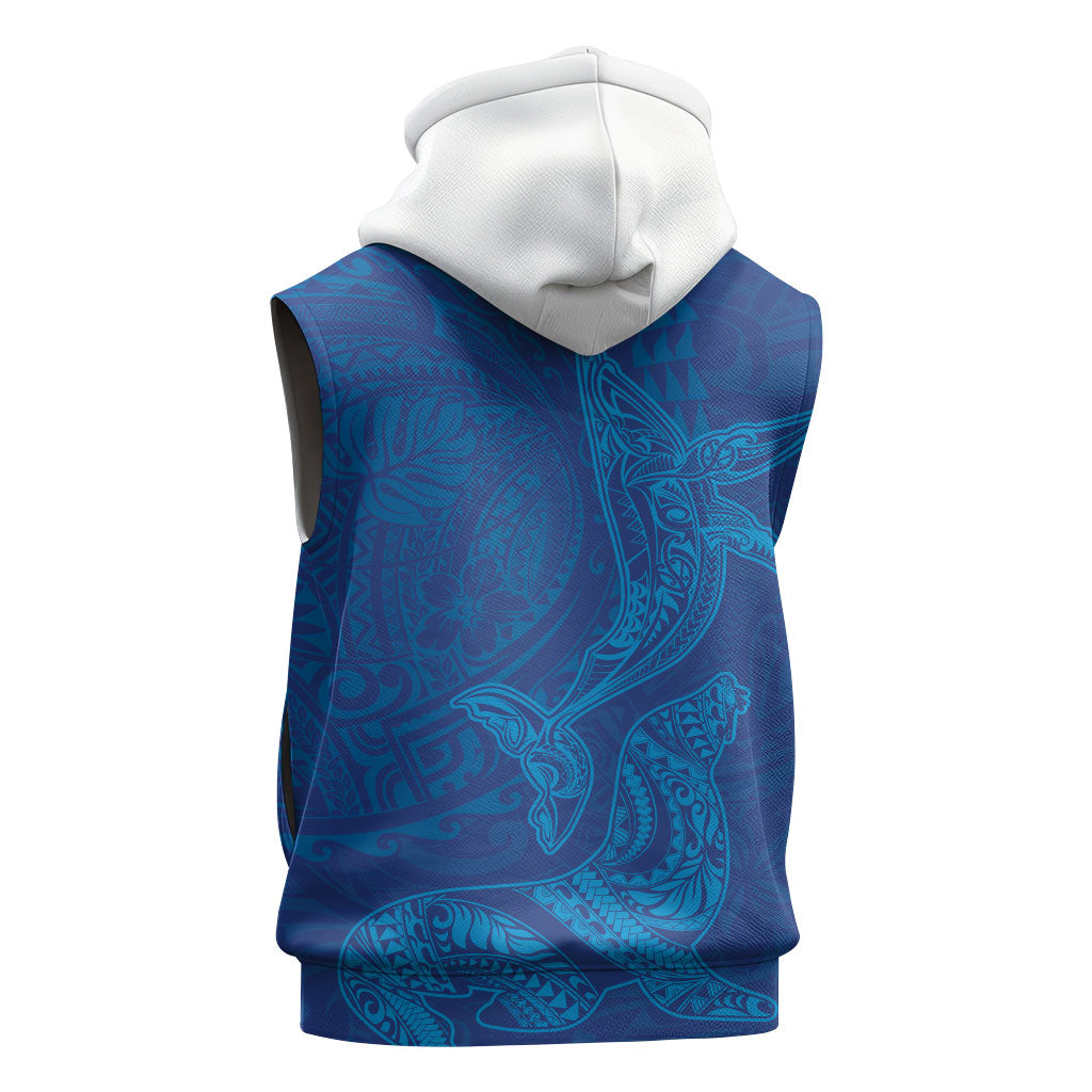 Hawaiian Monk Seal and Whale Sleeveless Zip Hoodie Kakau Tribal Pattern Blue Color