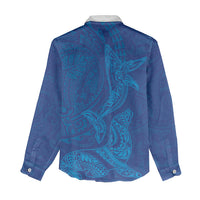 Hawaiian Monk Seal and Whale Women Casual Shirt Kakau Tribal Pattern Blue Color LT03 - Polynesian Pride