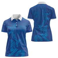 Hawaiian Monk Seal and Whale Women Polo Shirt Kakau Tribal Pattern Blue Color