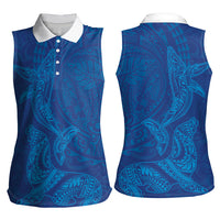 Hawaiian Monk Seal and Whale Women Sleeveless Polo Shirt Kakau Tribal Pattern Blue Color LT03 - Polynesian Pride