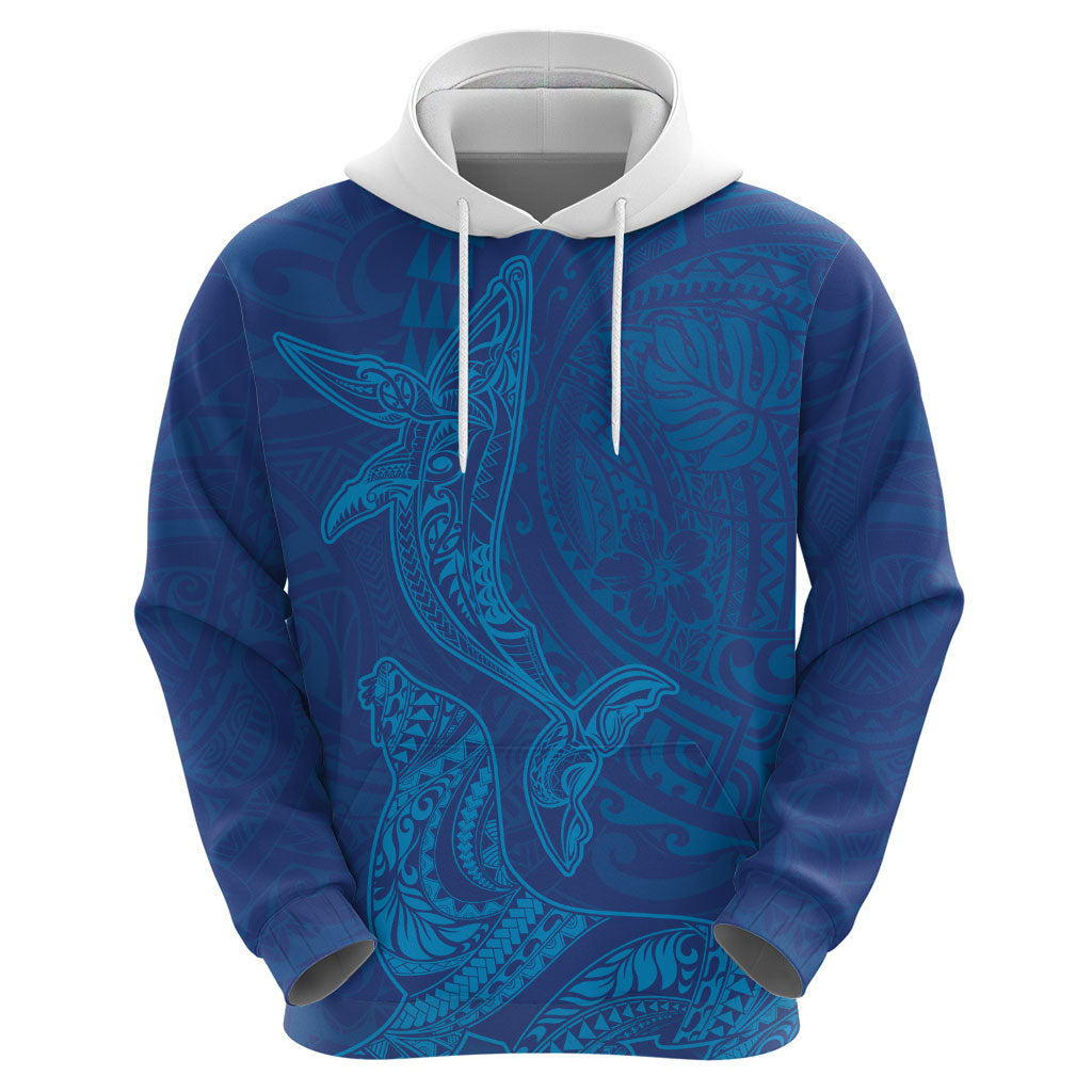 Hawaiian Monk Seal and Whale Zip Hoodie Kakau Tribal Pattern Blue Color