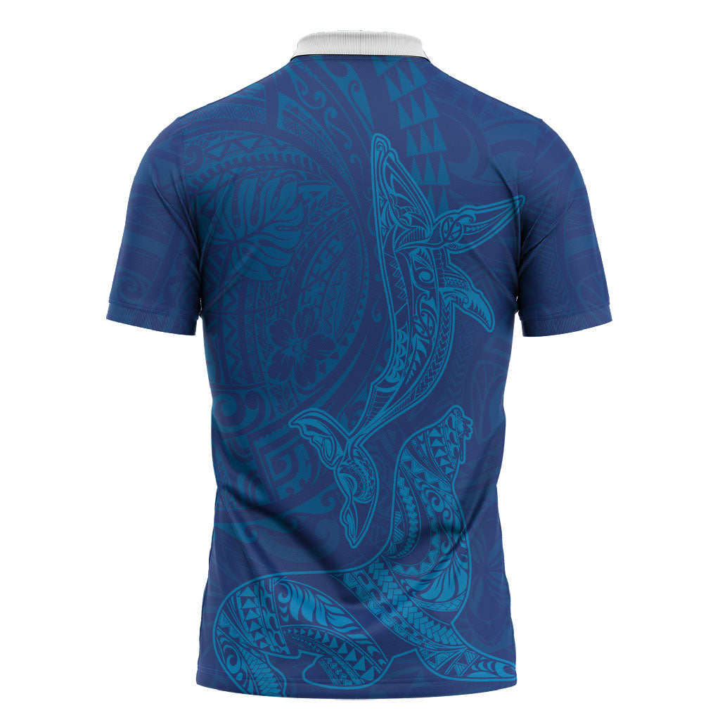 Hawaiian Monk Seal and Whale Zipper Polo Shirt Kakau Tribal Pattern Blue Color