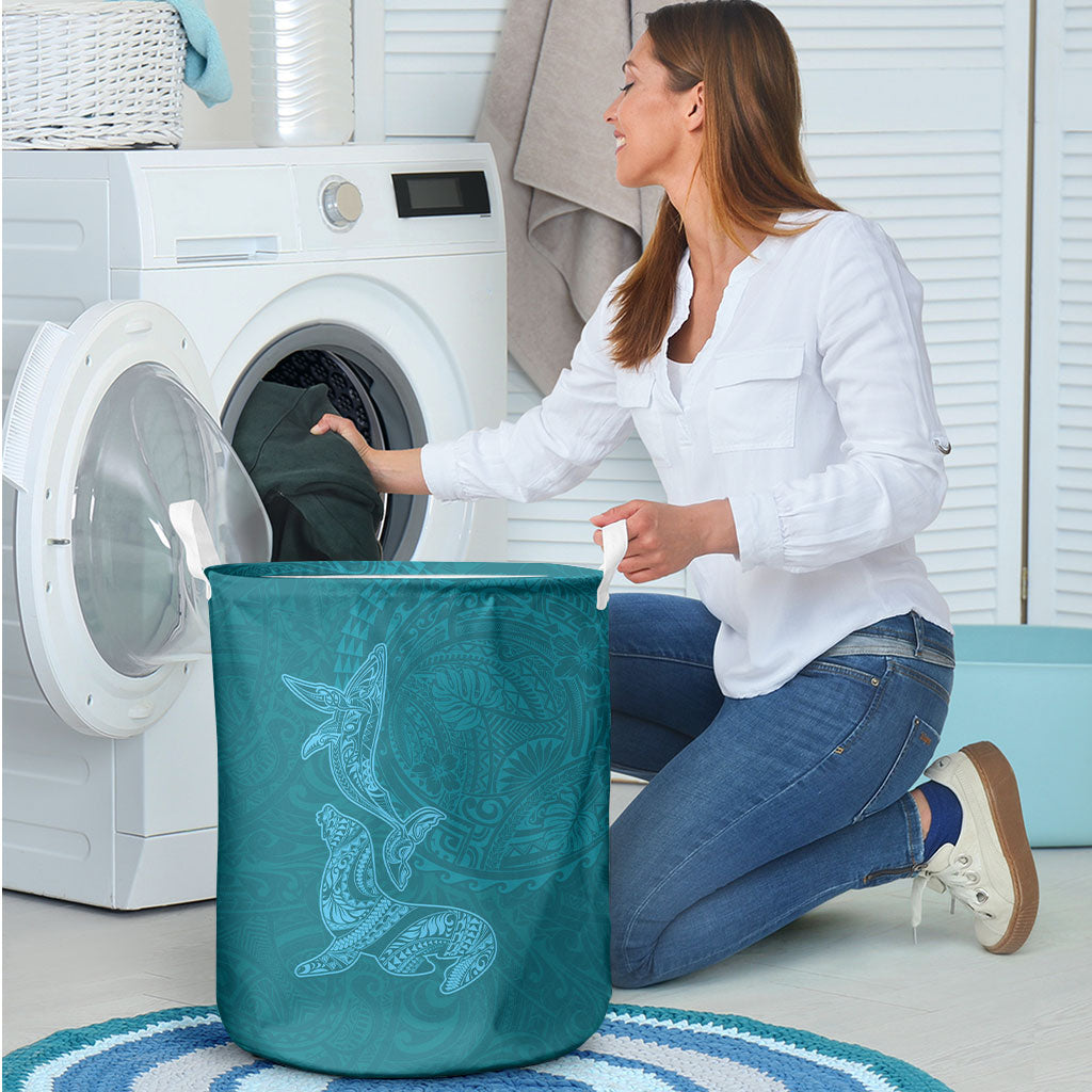 Hawaiian Monk Seal and Whale Laundry Basket Kakau Tribal Pattern Teal Color