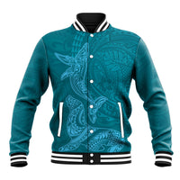 Hawaiian Monk Seal and Whale Baseball Jacket Kakau Tribal Pattern Teal Color