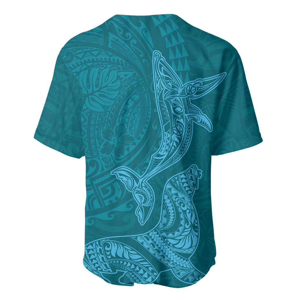Hawaiian Monk Seal and Whale Baseball Jersey Kakau Tribal Pattern Teal Color