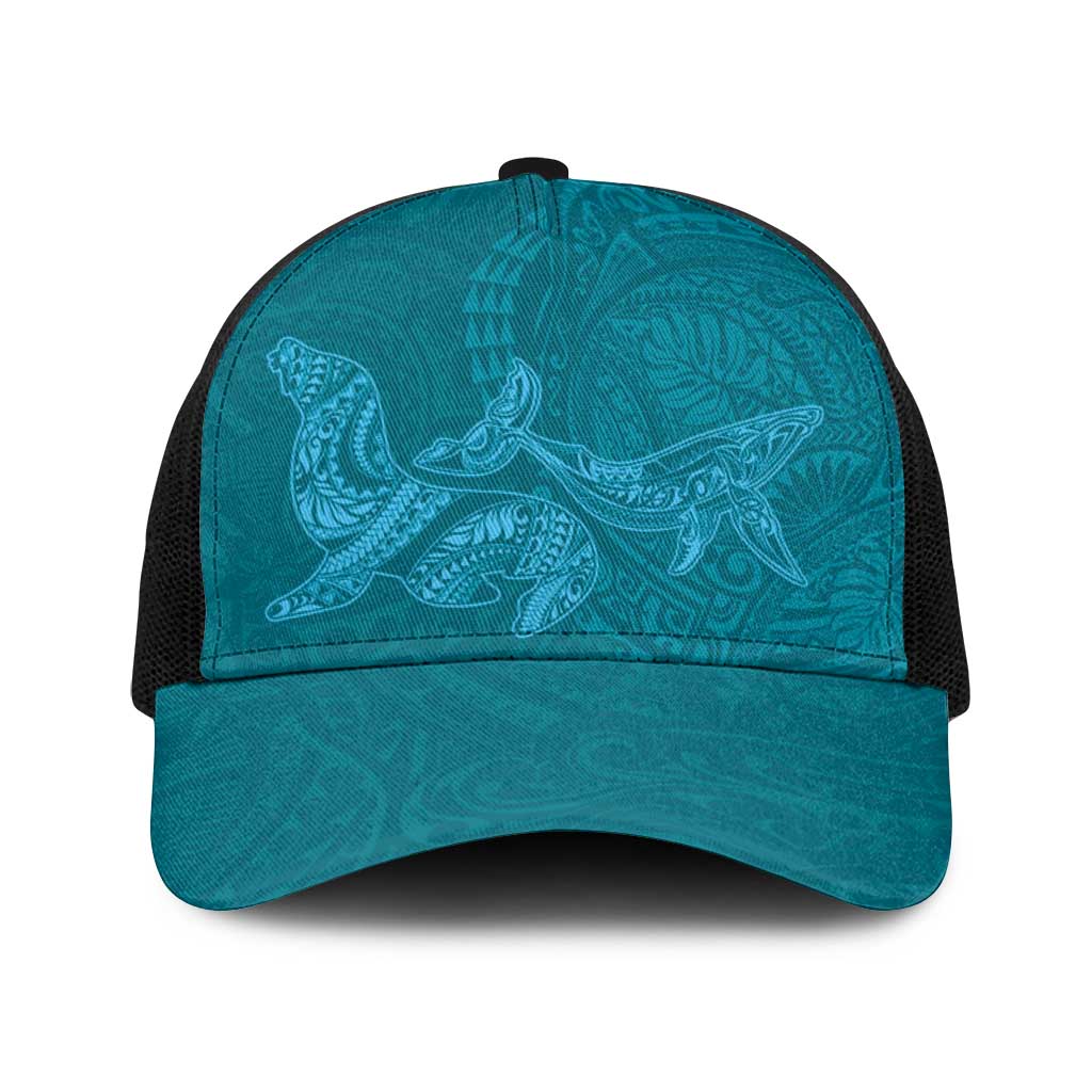 Hawaiian Monk Seal and Whale Baseball Net Cap Kakau Tribal Pattern Teal Color