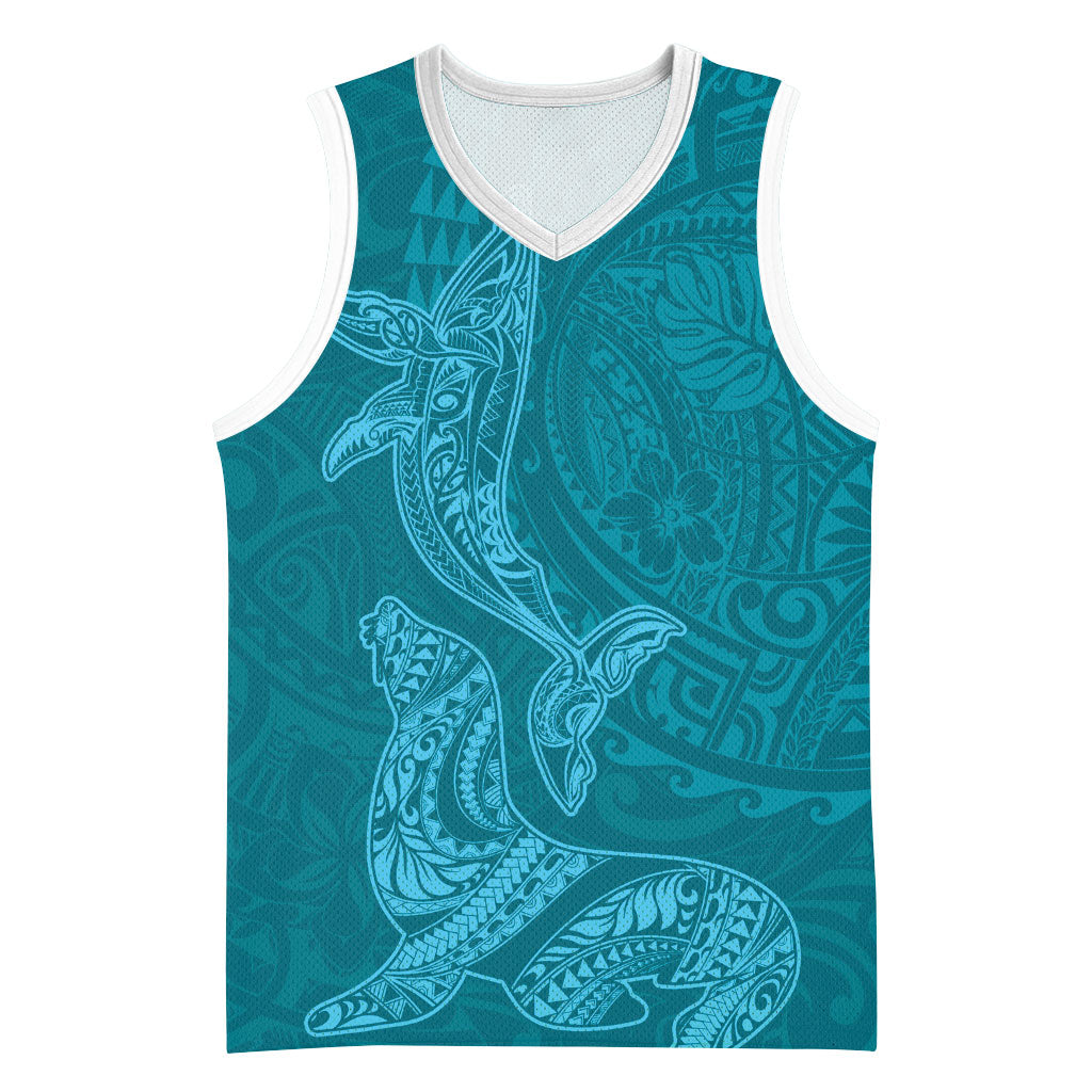 Hawaiian Monk Seal and Whale Basketball Jersey Kakau Tribal Pattern Teal Color