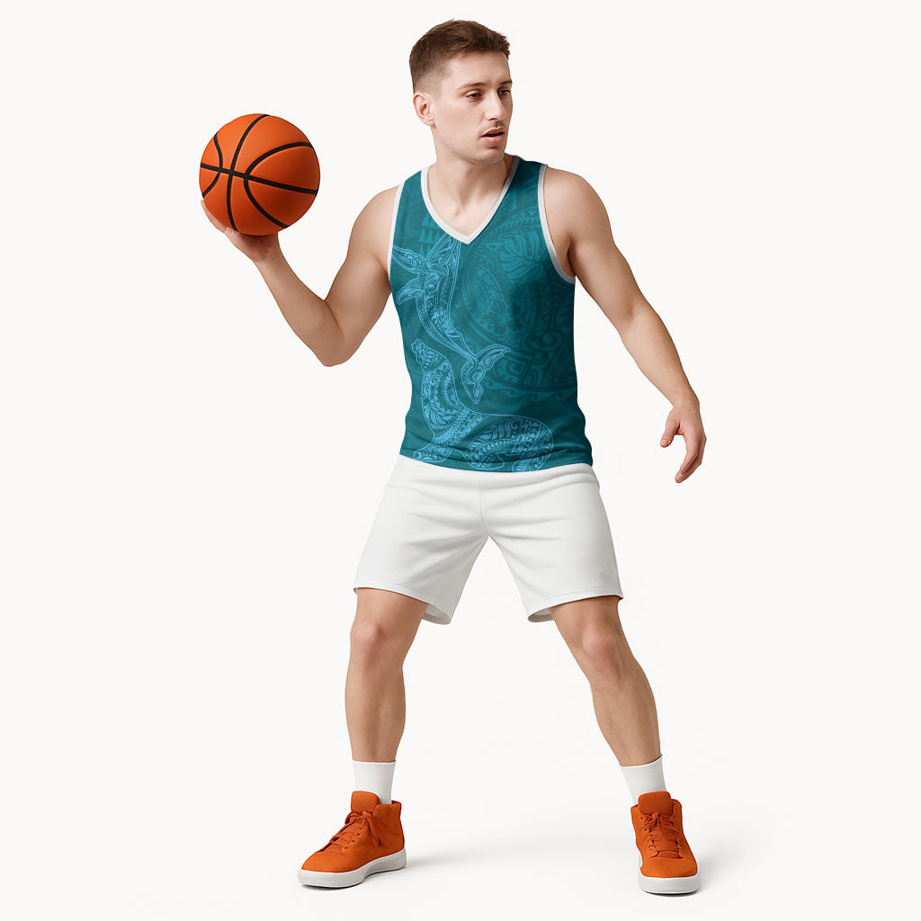 Hawaiian Monk Seal and Whale Basketball Jersey Kakau Tribal Pattern Teal Color