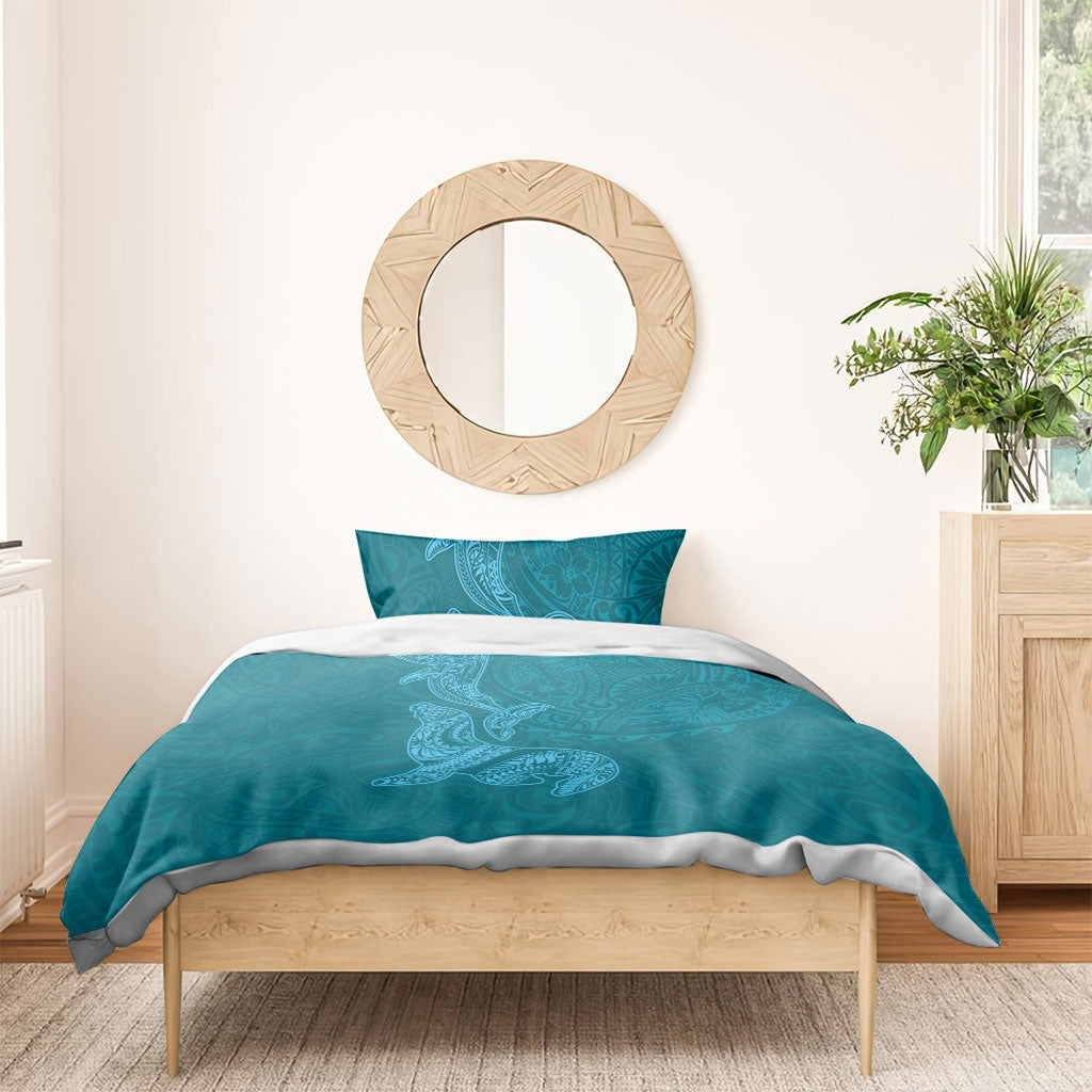 Hawaiian Monk Seal and Whale Bedding Set Kakau Tribal Pattern Teal Color