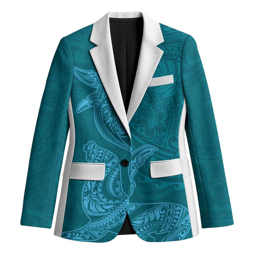 Hawaiian Monk Seal and Whale Blazer Kakau Tribal Pattern Teal Color