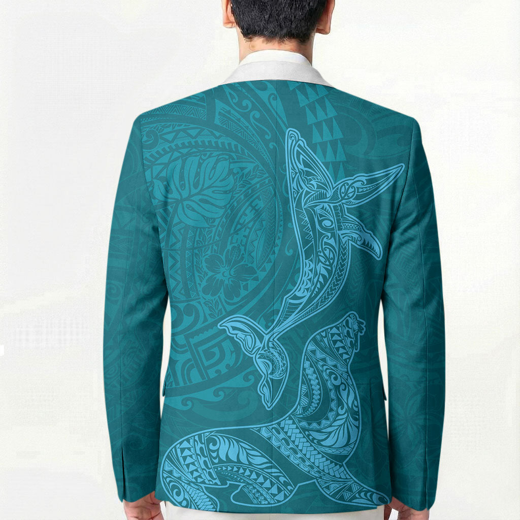 Hawaiian Monk Seal and Whale Blazer Kakau Tribal Pattern Teal Color