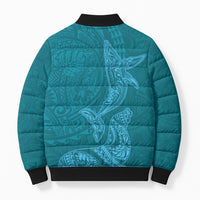 Hawaiian Monk Seal and Whale Bomber Puffer Jacket Kakau Tribal Pattern Teal Color