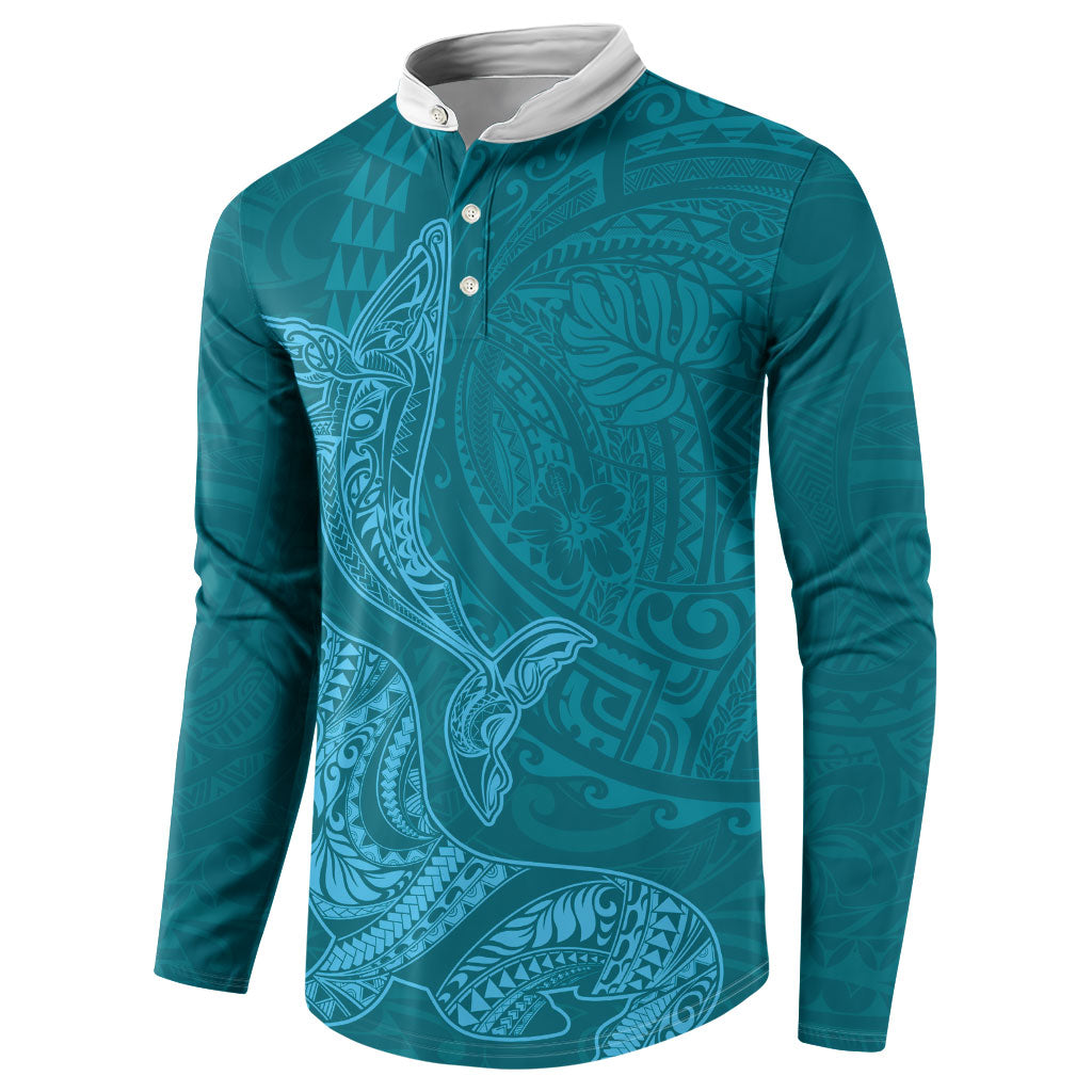 Hawaiian Monk Seal and Whale Button Sweatshirt Kakau Tribal Pattern Teal Color