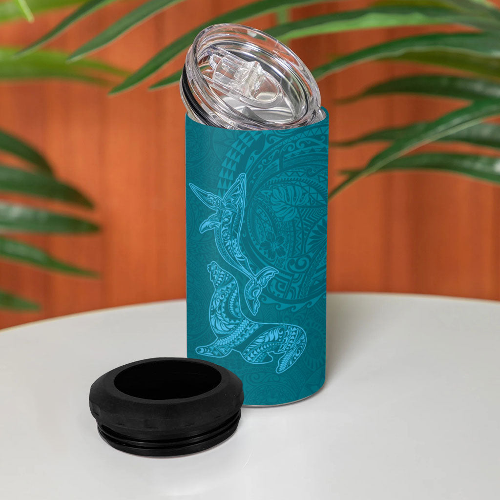 Hawaiian Monk Seal and Whale 4 in 1 Can Cooler Tumbler Kakau Tribal Pattern Teal Color LT03 - Polynesian Pride