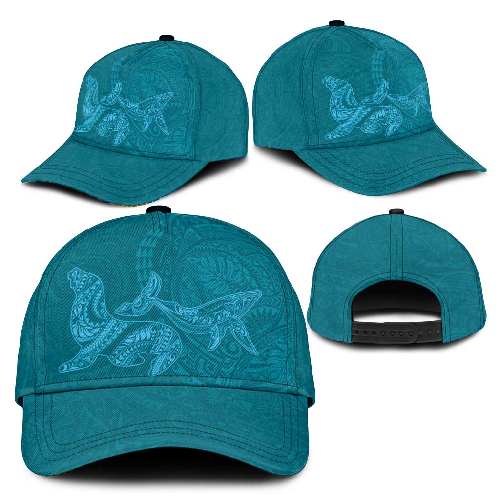 Hawaiian Monk Seal and Whale Classic Cap Kakau Tribal Pattern Teal Color