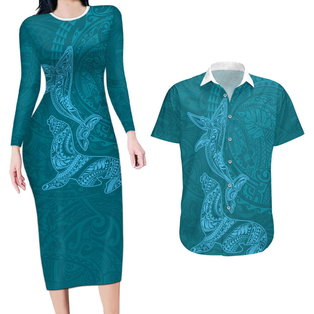 Hawaiian Monk Seal and Whale Couples Matching Long Sleeve Bodycon Dress and Hawaiian Shirt Kakau Tribal Pattern Teal Color