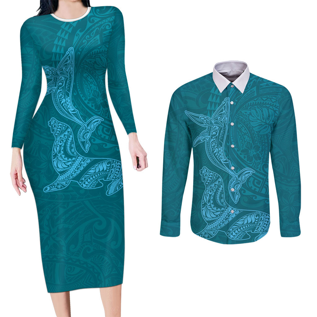 Hawaiian Monk Seal and Whale Couples Matching Long Sleeve Bodycon Dress and Long Sleeve Button Shirt Kakau Tribal Pattern Teal Color LT03 Teal - Polynesian Pride