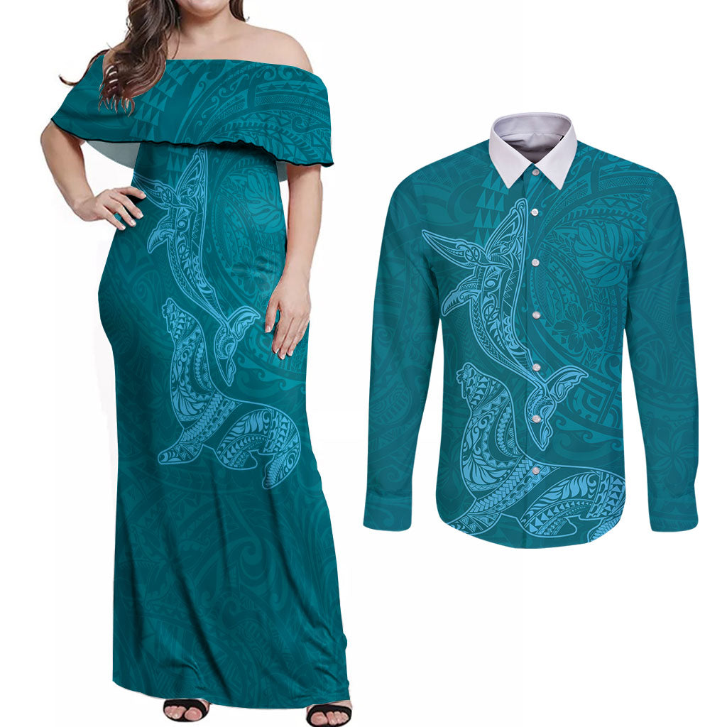 Hawaiian Monk Seal and Whale Couples Matching Off Shoulder Maxi Dress and Long Sleeve Button Shirt Kakau Tribal Pattern Teal Color LT03 Teal - Polynesian Pride