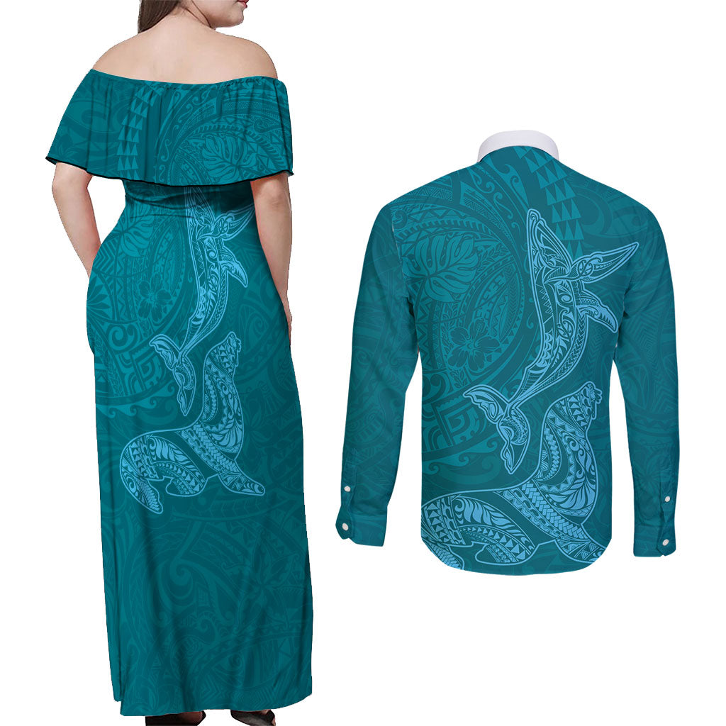 Hawaiian Monk Seal and Whale Couples Matching Off Shoulder Maxi Dress and Long Sleeve Button Shirt Kakau Tribal Pattern Teal Color LT03 - Polynesian Pride
