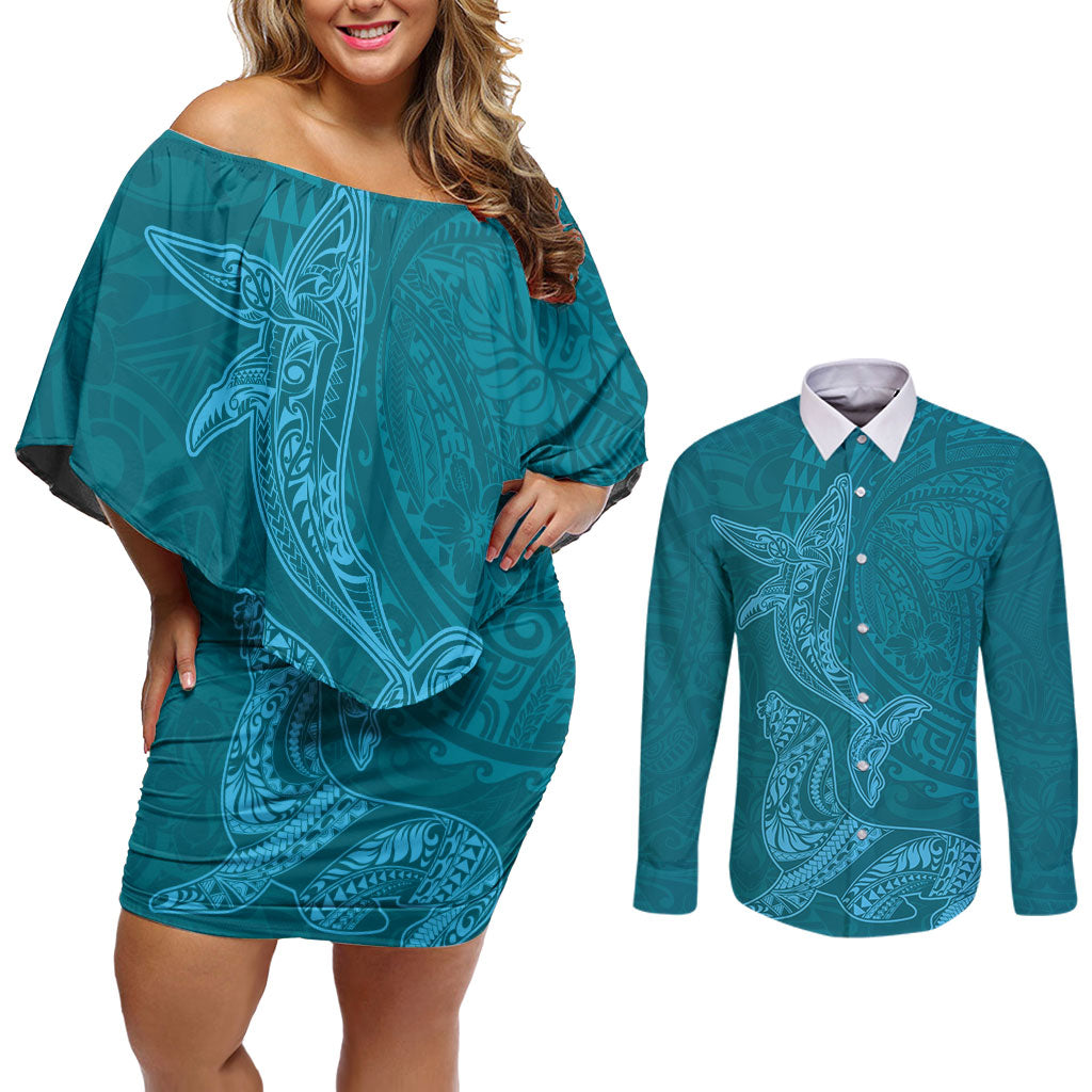 Hawaiian Monk Seal and Whale Couples Matching Off Shoulder Short Dress and Long Sleeve Button Shirt Kakau Tribal Pattern Teal Color LT03 Teal - Polynesian Pride