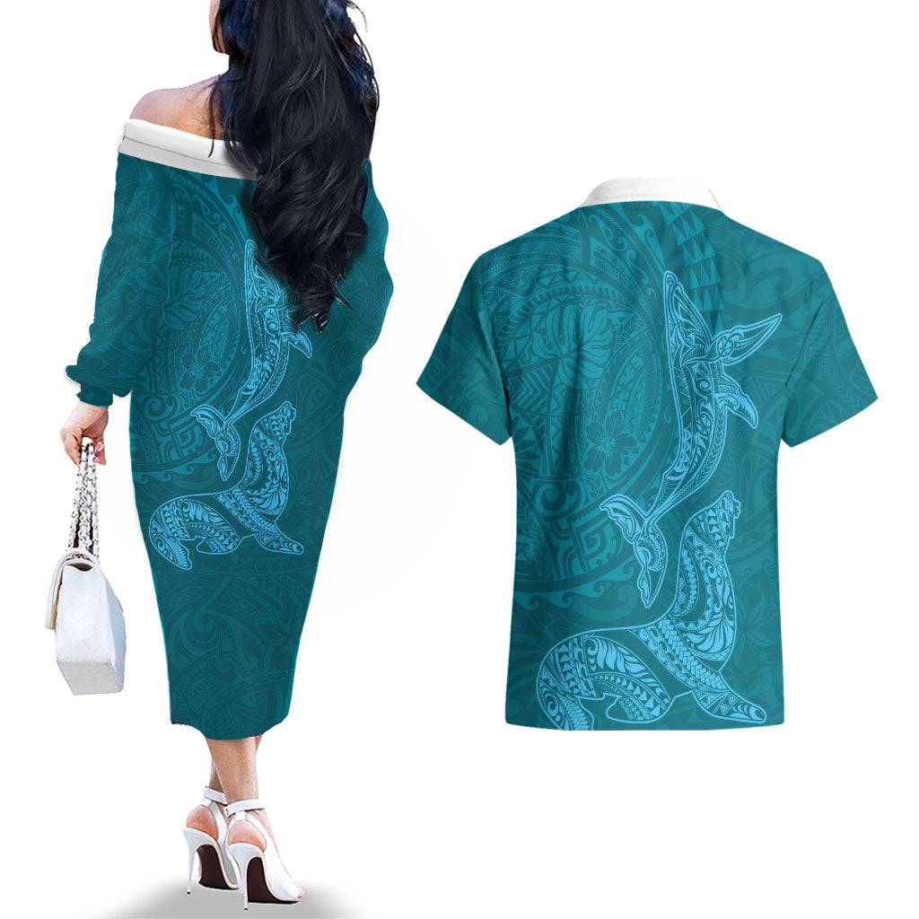 Hawaiian Monk Seal and Whale Couples Matching Off The Shoulder Long Sleeve Dress and Hawaiian Shirt Kakau Tribal Pattern Teal Color LT03 - Polynesian Pride