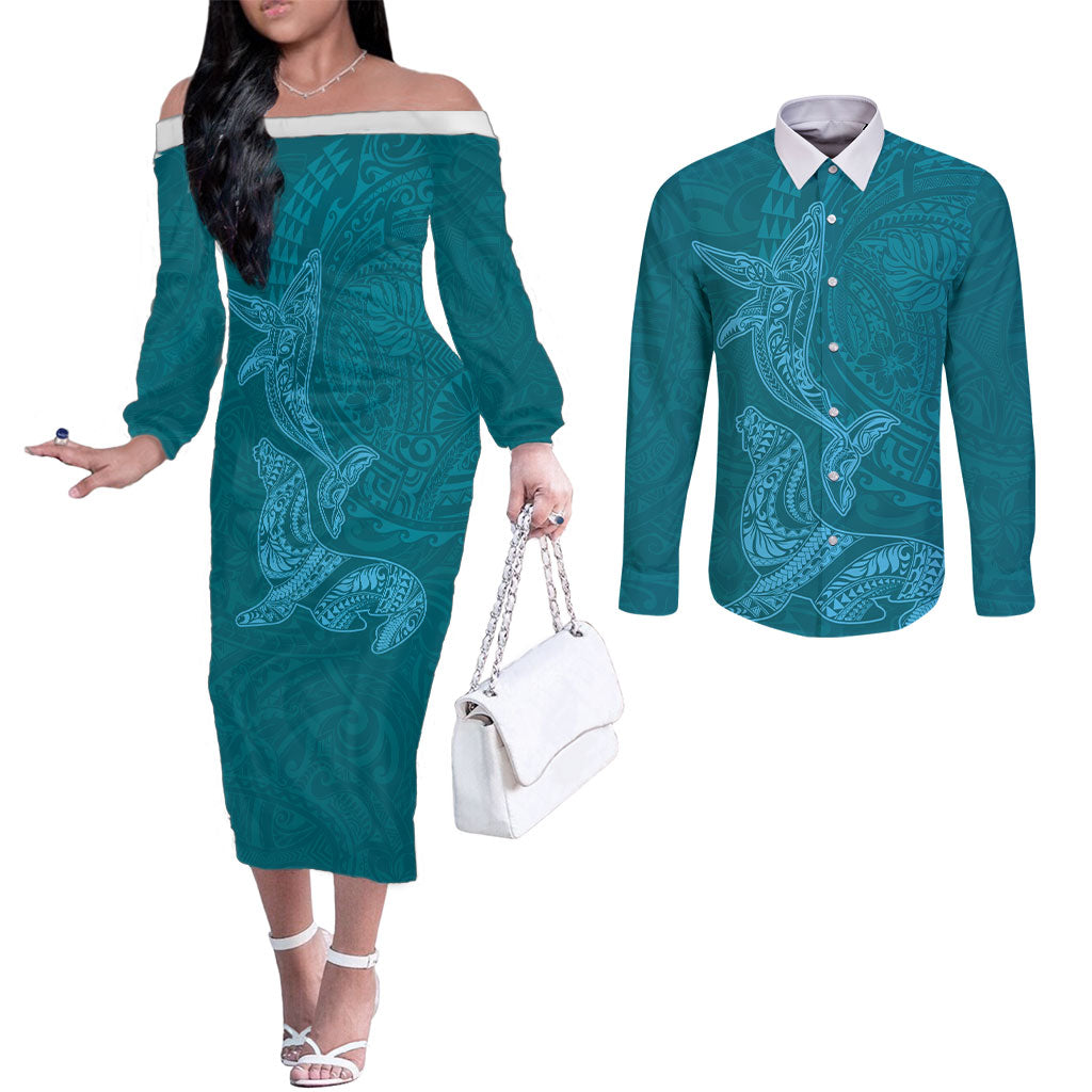 Hawaiian Monk Seal and Whale Couples Matching Off The Shoulder Long Sleeve Dress and Long Sleeve Button Shirt Kakau Tribal Pattern Teal Color LT03 Teal - Polynesian Pride