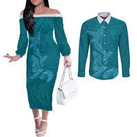 Hawaiian Monk Seal and Whale Couples Matching Off The Shoulder Long Sleeve Dress and Long Sleeve Button Shirt Kakau Tribal Pattern Teal Color LT03 Teal - Polynesian Pride