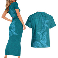 Hawaiian Monk Seal and Whale Couples Matching Short Sleeve Bodycon Dress and Hawaiian Shirt Kakau Tribal Pattern Teal Color LT03 - Polynesian Pride